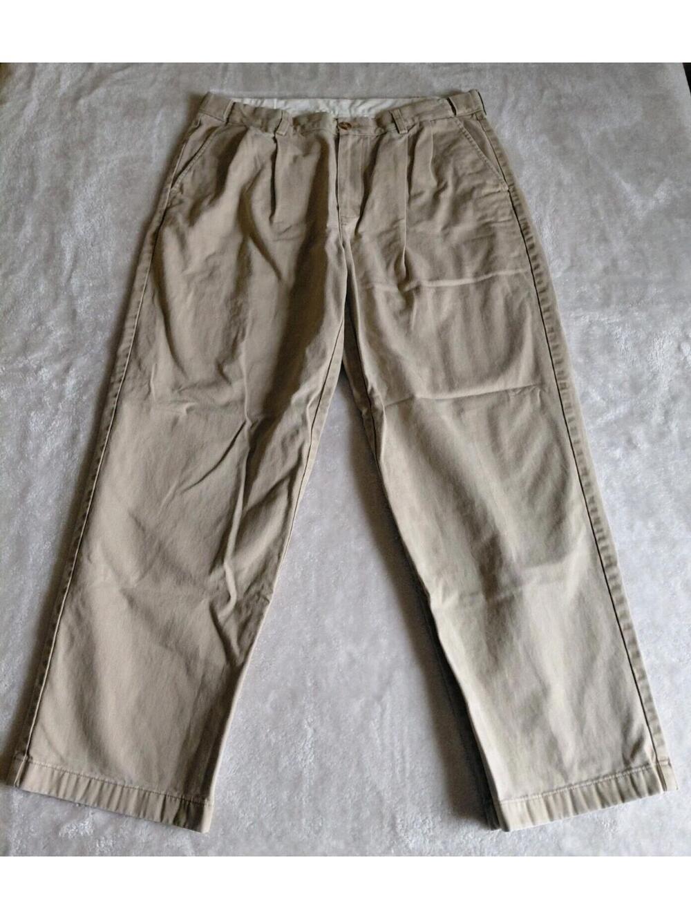 LL Bean Chino Pants Mens 35x30 Comfort Waist Beige Pleated Cotton Khaki